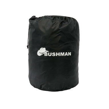 Image of the black drawstring storage bag for the 23ZERO Bushman 78 Awning room, with the white BUSHMAN logo and cowboy hat emblem on the front. The bag is shown on a white background