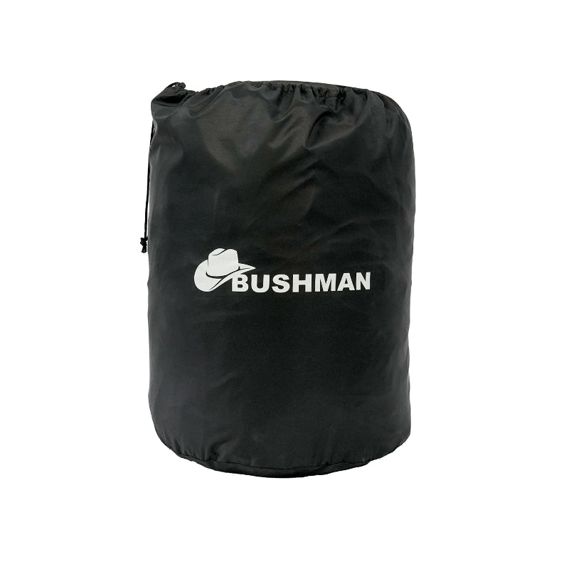 Image of the black drawstring storage bag for the 23ZERO Bushman 78 Awning room, with the white BUSHMAN logo and cowboy hat emblem on the front. The bag is shown on a white background