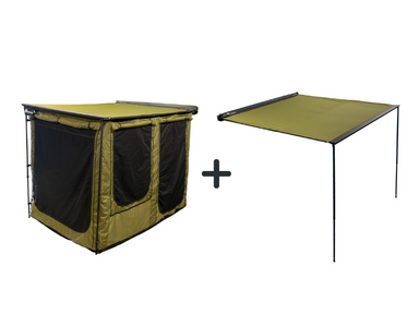 Image of a 23ZERO Bushman 78 Awning with a detachable awning room, on a white background. The Bushman Awning, is shown as two separate pieces with a plus sign between them. The main awning is shown in an extended configuration on the right, and the attached room is on the left.