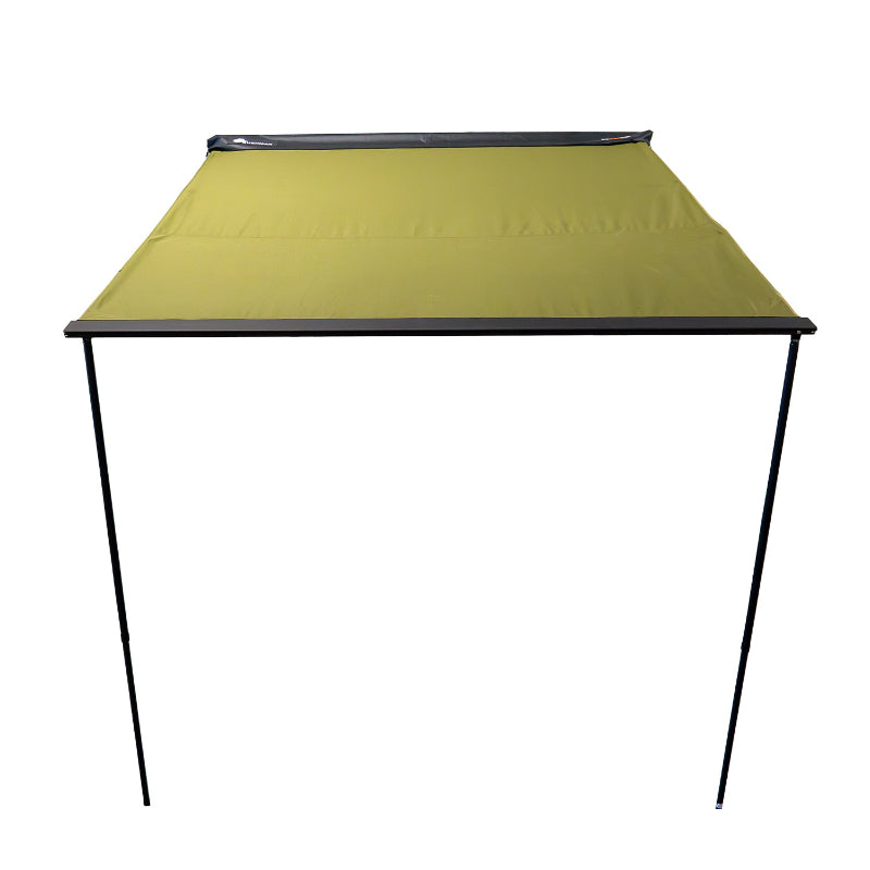 Image of a 23ZERO Bushman 78 Awning, fully deployed on a white background. The front view shows the green fabric awning with black support poles and a black protective case