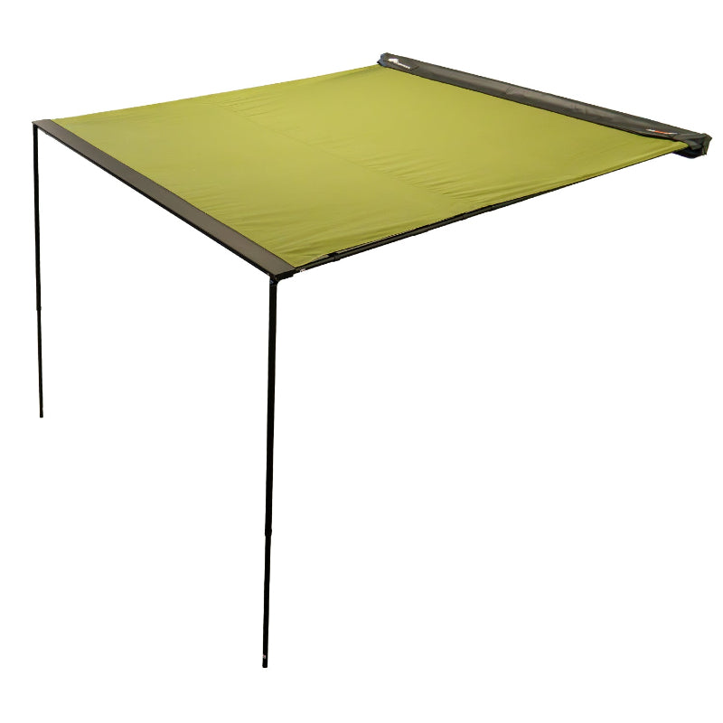 Image of a 23ZERO Bushman 78 Awning, fully deployed on a white background. The green awning is shown from an angled front and side view with black poles supporting it