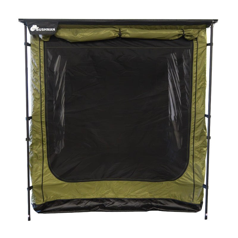 
Image of a 23ZERO Bushman 78 Awning with the optional awning room attached, on a white background. The front view shows the green fabric room with two large black mesh windows
