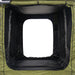 Image of the inside of a 23ZERO Bushman 78 Awning room, with the large front opening visible. The view from inside shows the green outer fabric with a black underside