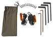 Image showing an array of Peregrine Awning accessories, including a brown drawstring bag, several bolts, two bundles of black ropes with orange tensioners, two metal stakes, and four L-shaped mounting brackets, all arranged on a white background