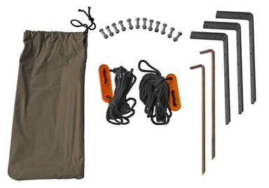Image showing an array of Peregrine Awning accessories, including a brown drawstring bag, several bolts, two bundles of black ropes with orange tensioners, two metal stakes, and four L-shaped mounting brackets, all arranged on a white background