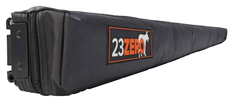 Image of a black, rolled-up Peregrine Awning with the "23ZERO" logo prominently displayed on its cover, presented on a white background. The awning appears compact and ready for transport or storage