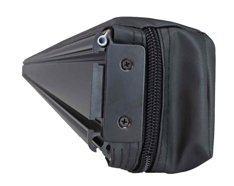 Close-up image of the end of a rolled-up Peregrine Awning, showcasing the black zippered cover, mounting bracket with two screws, and the internal frame. The awning appears compact and securely closed against a white background