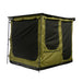 Image of a fully enclosed Bushman awning room, showcasing its green fabric with large black mesh windows on the front and side panels. The awning room is depicted from an angled front and side view on a white background