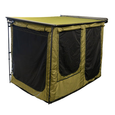Image of a Bushman awning room, fully enclosed, with green fabric and black mesh windows, viewed from an angled front and side perspective on a white background