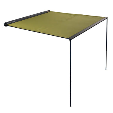 Image of a Peregrine 180 Awning with green fabric and black accents, fully deployed with two black support poles, angled front and side view on a white background.