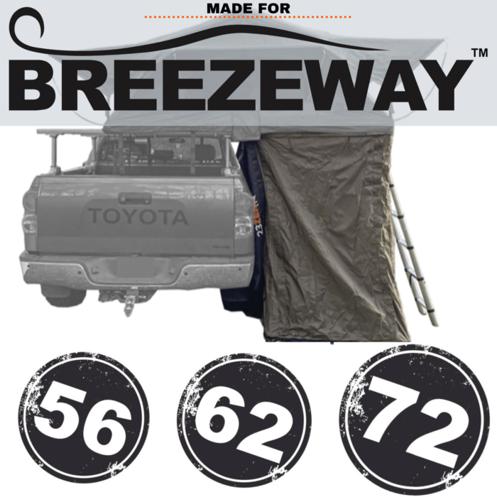 Image of Breezeway showing a gray Toyota truck with a rooftop tent and an attached awning room. Below are three distressed-style circular badges with the numbers "56", "62", and "72"