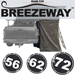 Image of Breezeway showing a gray Toyota truck with a rooftop tent and an attached awning room. Below are three distressed-style circular badges with the numbers "56", "62", and "72"