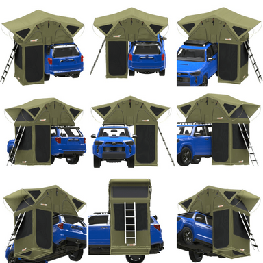 This is a nine-panel collage demonstrating various setups of a green rooftop tent and attached awning room with a blue SUV or truck from multiple angles. The setups show the tent and awning deployed over different parts of the vehicles, highlighting its versatility