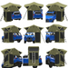 This is a nine-panel collage demonstrating various setups of a green rooftop tent and attached awning room with a blue SUV or truck from multiple angles. The setups show the tent and awning deployed over different parts of the vehicles, highlighting its versatility