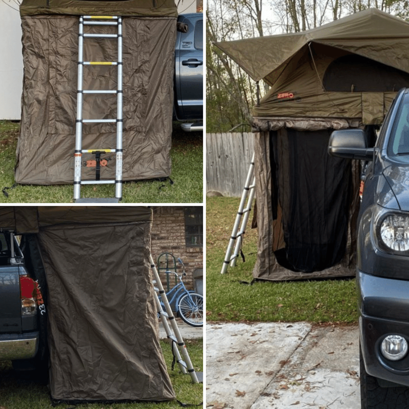 This is a three-panel collage showcasing a brown rooftop tent and attached awning room with a ladder, set up with a dark gray truck in different outdoor, likely backyard, environments. The images highlight the tent and awning's appearance in a real-world setting