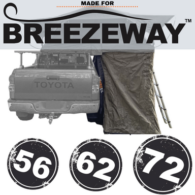 Image of Breezeway showing a gray Toyota truck with a rooftop tent and an attached awning room. Below are three distressed-style circular badges with the numbers "56", "62", and "72"