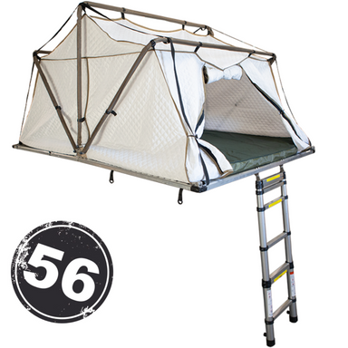 Image of a roof top tent partially deployed with a ladder extending to the ground, shown at an angled front and side view on a white background with "56" in a circle