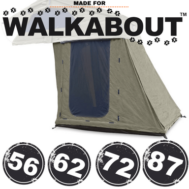 Image of an unbranded Walkabout Rooftop Tent Annex on a white background, with a large mesh window on the front. Below the tent are four black circular badges with white numbers: 56, 62, 72, and 87