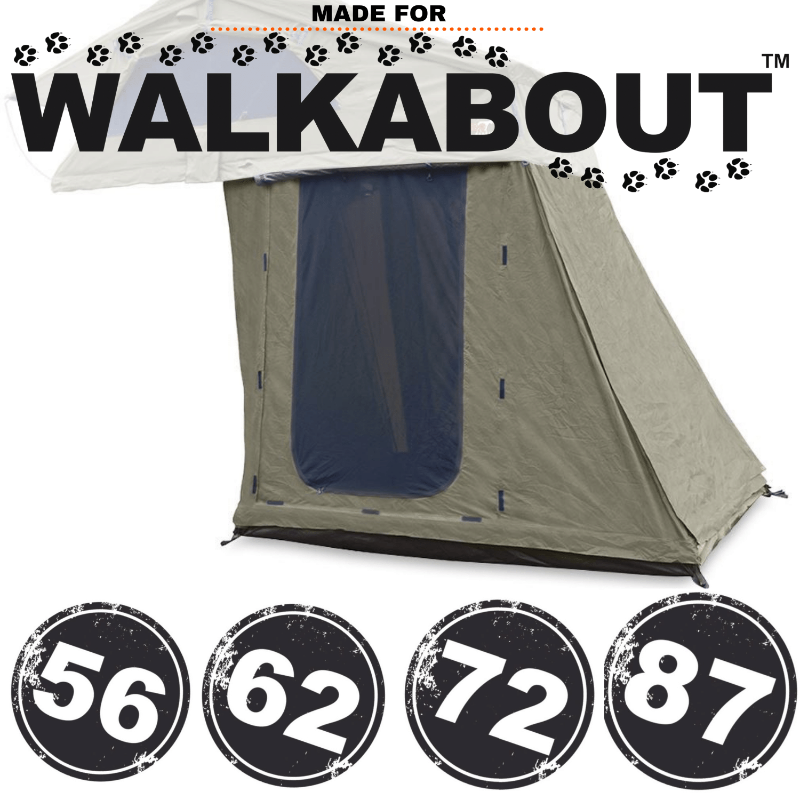 Image of an unbranded Walkabout Rooftop Tent Annex on a white background, with a large mesh window on the front. Below the tent are four black circular badges with white numbers: 56, 62, 72, and 87