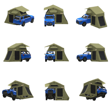 Image of a Walkabout Rooftop Tent Annex on a white background, shown from nine different perspectives with a blue SUV inside. The images show the annex and vehicle from the front, rear, and sides, as well as various angled views