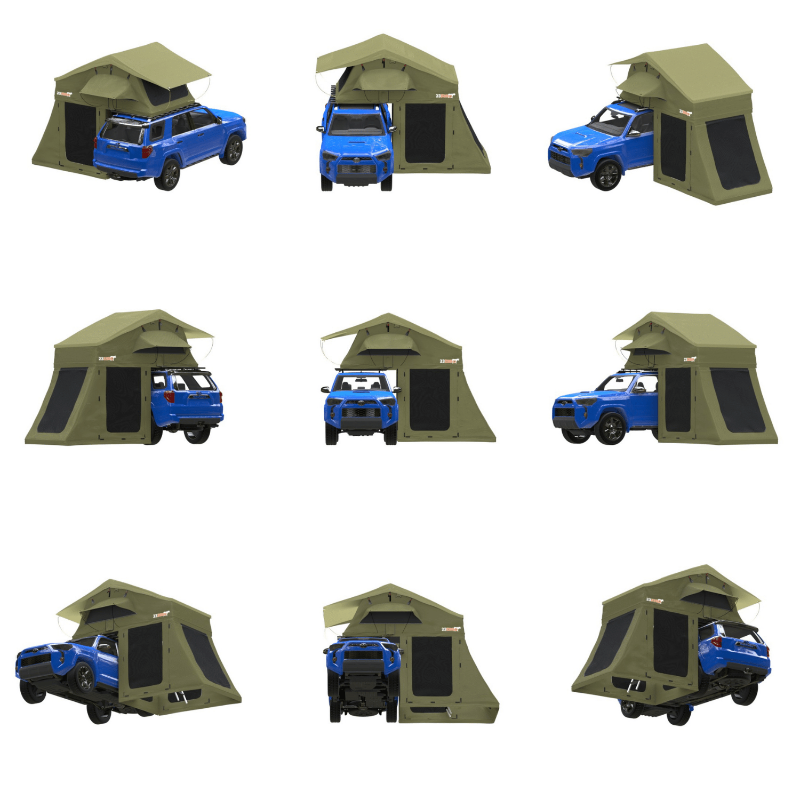 Image of a Walkabout Rooftop Tent Annex on a white background, shown from nine different perspectives with a blue SUV inside. The images show the annex and vehicle from the front, rear, and sides, as well as various angled views