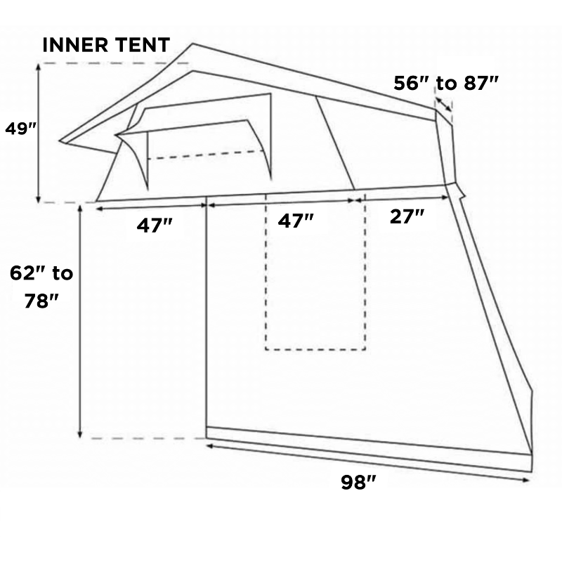 Image of a technical line drawing of a tent annex with various dimensions shown. The drawing includes measurements for height, width, and depth, with the roof height labeled as 56" to 87" and the front height labeled as 62" to 78"
