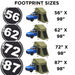 Image of four different footprint sizes for a Walkabout Rooftop Tent Annex, with corresponding numbers 56, 62, 72, and 87. Each annex is shown attached to a blue SUV with its width and length measurements labeled in inches
