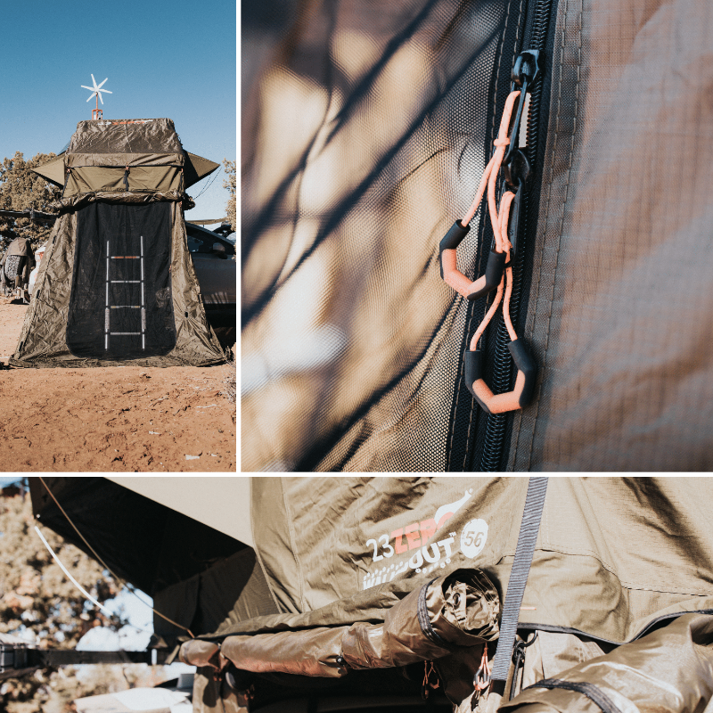 Image of a Walkabout Rooftop Tent Annex displayed in a three-panel collage. The first panel shows a full view of the annex with a ladder; the second is a close-up of a zipper and screen mesh; the third is a close-up of the annex with a “56” size badge