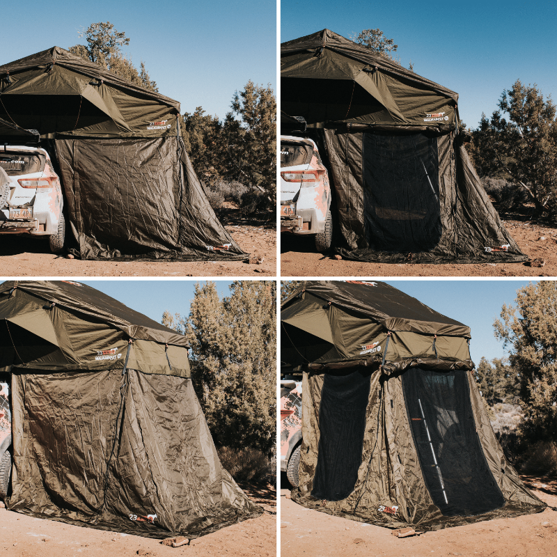 Image of a four-panel collage showing a Walkabout Rooftop Tent Annex set up next to a white SUV. The top two panels show the annex with the entrance closed and then opened, while the bottom two panels show the annex with the entrance closed and then opened with a ladder