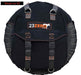 Image of a black canvas 23ZERO spare tire storage bag with orange stitching and grey straps, mounted on a 33-inch tire, showcasing the front with buckles and D-rings on a white background.
