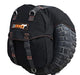 Image of a black 23ZERO spare tire storage bag with orange stitching, black straps, and metal hardware, mounted on a rugged tire, viewed at a slight angle on a white background.