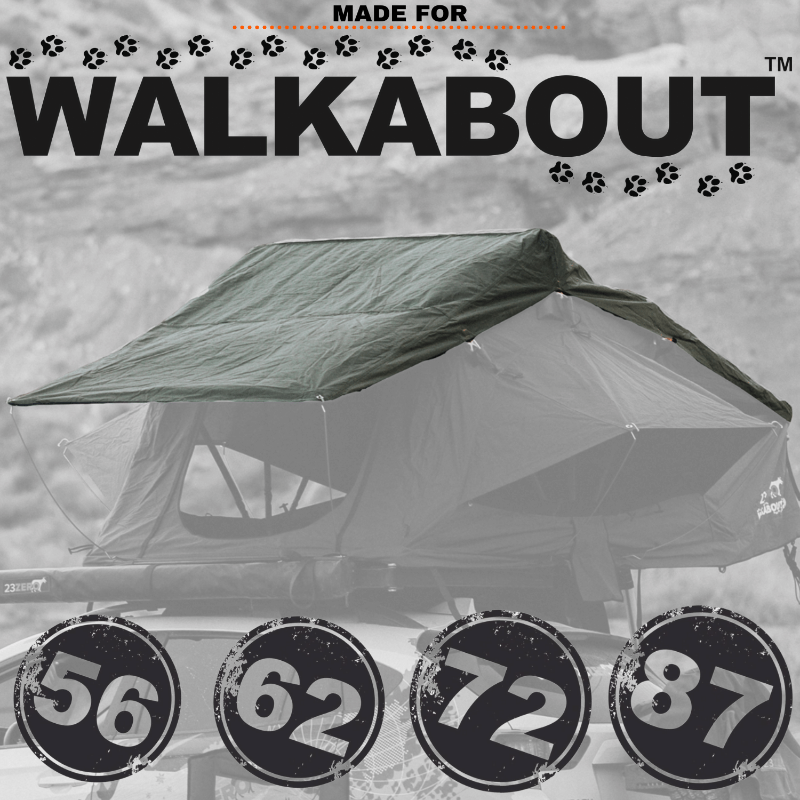 Image of a dark green flysheet draped over a partially deployed roof top tent, with "MADE FOR WALKABOUT" text and paw prints at the top, and numbered circles "56, 62, 72, 87" at the bottom.