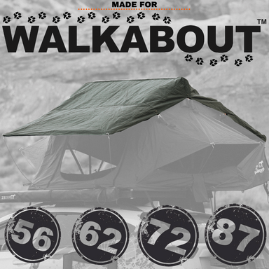Image of a dark green flysheet draped over a partially deployed roof top tent, with "MADE FOR WALKABOUT" text and paw prints at the top, and numbered circles "56, 62, 72, 87" at the bottom.