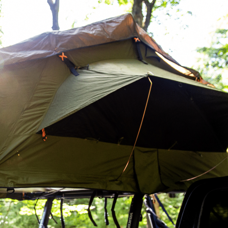 Image of a green roof top tent with an awning partially deployed, with a dark underside and bright highlights, angled from the front and side, set against a blurred green forest background.