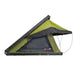 Image of Kabari 3.0 rooftop tent fully deployed, green fabric with black accents, angled rear and side view on white background