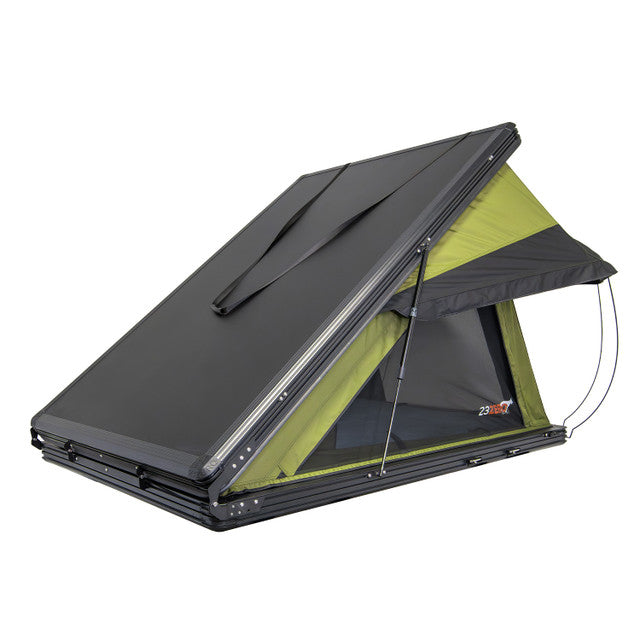 Image of Kabari 3.0 rooftop tent partially deployed, black top with green fabric, angled rear and side view on white background