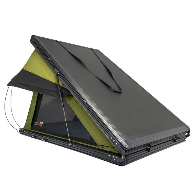 Image of Kabari 3.0 rooftop tent partially deployed, black top with green fabric, angled front and rear view on white background
