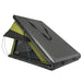 Image of Kabari 3.0 rooftop tent partially deployed, black top with green fabric, angled front and rear view on white background