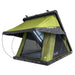 Image of Kabari 3.0 rooftop tent fully deployed with open front, green fabric with black underside, angled front and side view on white background