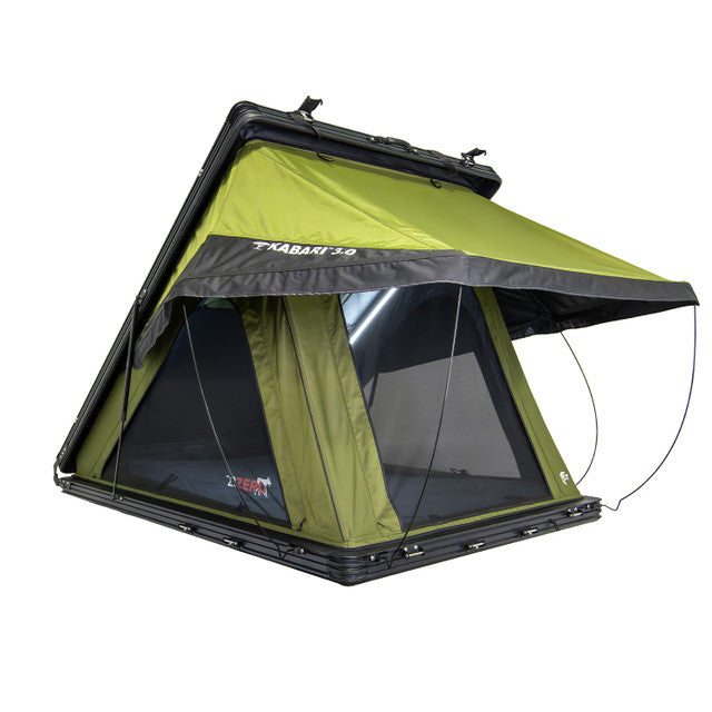 Image of Kabari 3.0 rooftop tent fully deployed with open front, green fabric with black underside, angled front and side view on white background