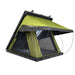 Image of Kabari 3.0 rooftop tent fully deployed with open front, green fabric with black underside, angled front and side view on white background