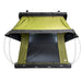 Image of Kabari 3.0 rooftop tent fully deployed with open front, green fabric with black underside, front view on white background