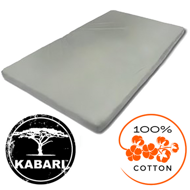 Image of Kabari fitted sheet made from 100% cotton, light grey fabric neatly folded with stitched edges, angled top and side view on a white background.