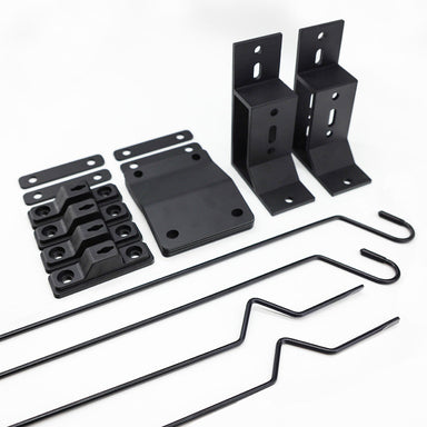Image of heavy-duty black steel awning mounting kit with brackets, plates, and hardware components, angled top view on white background.