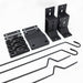 Image of heavy-duty black steel awning mounting kit with brackets, plates, and hardware components, angled top view on white background.