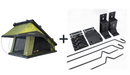 Image of a green Kabari XL rooftop tent partially deployed, next to a plus sign and a full mounting kit on a white background. The kit includes several black powder-coated brackets, mounting plates, and support rods