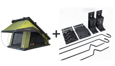 Image of a green Kabari XL rooftop tent partially deployed, next to a plus sign and a full mounting kit on a white background. The kit includes several black powder-coated brackets, mounting plates, and support rods