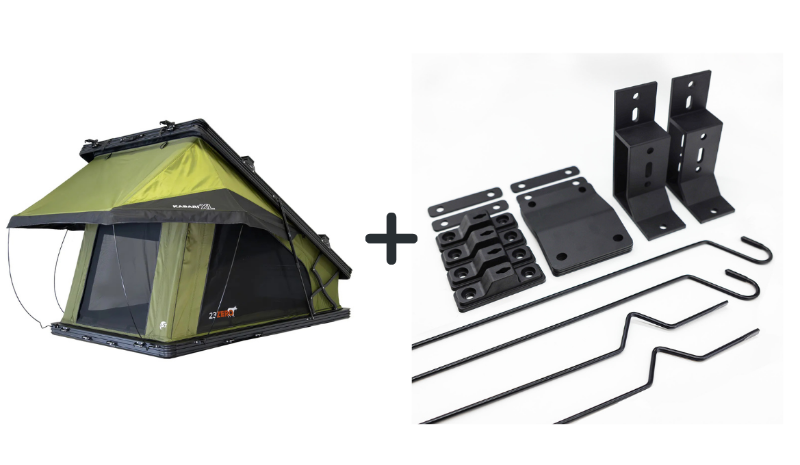 Image of a green Kabari XL rooftop tent partially deployed, next to a plus sign and a full mounting kit on a white background. The kit includes several black powder-coated brackets, mounting plates, and support rods