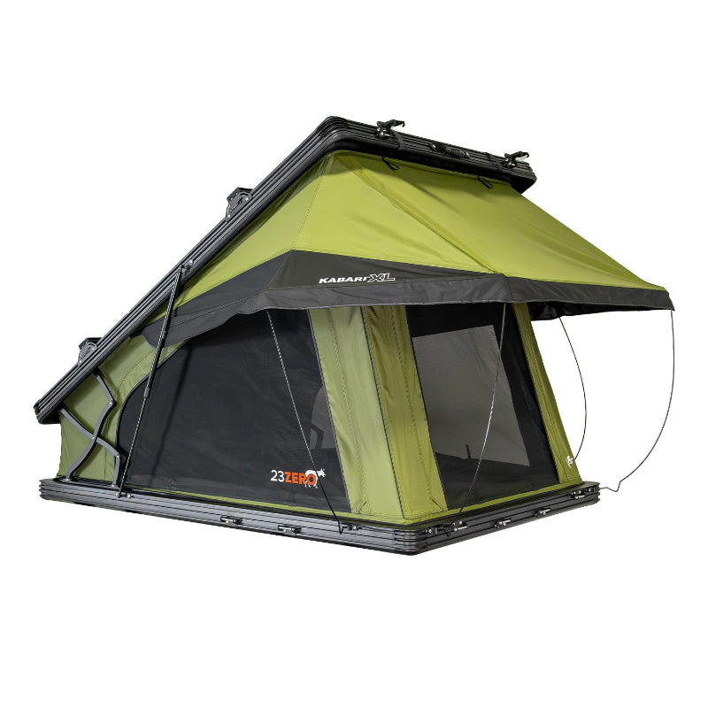 Image of Kabari XL rooftop tent fully deployed, green fabric with black accents, angled front and side view on white background