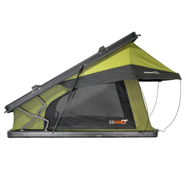 Image of Kabari XL rooftop tent deployed, green fabric with black accents, side view on white background